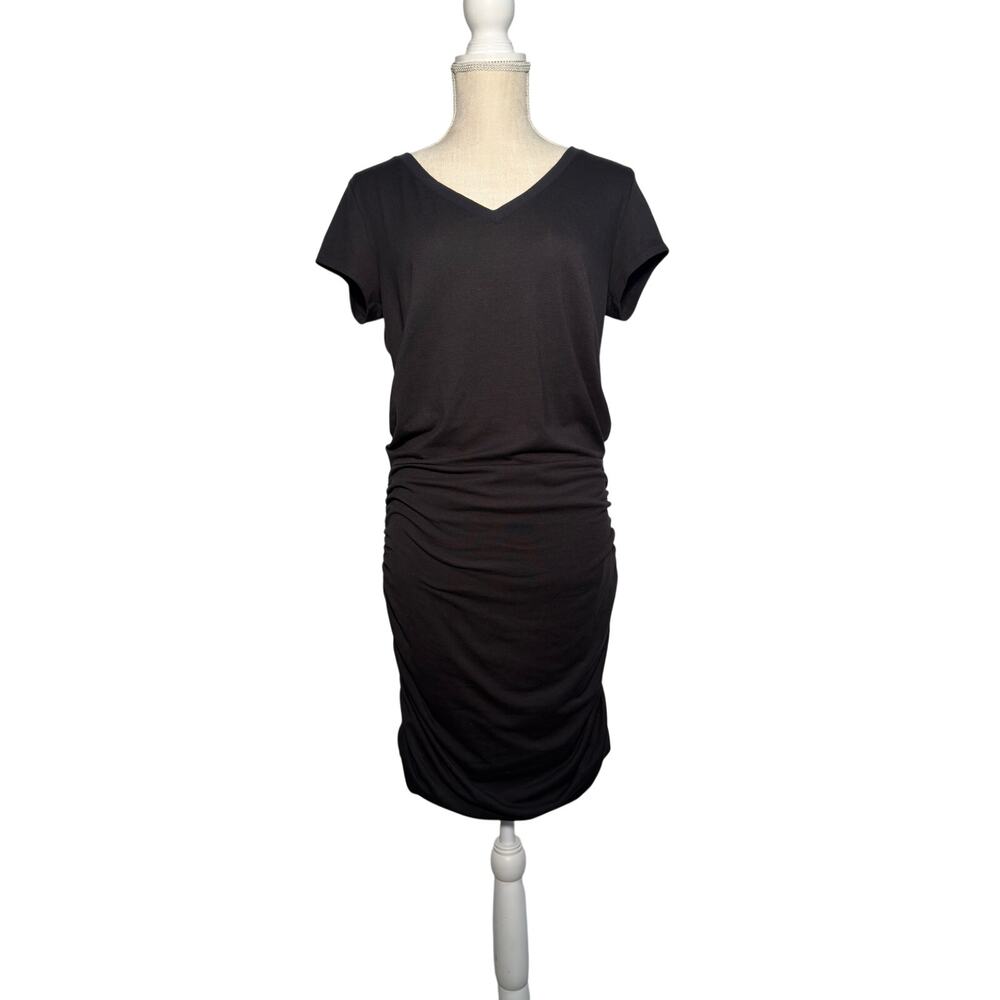 Athleta Topanga Ruched T-Shirt Dress M Black SS V-Neck Activewear Athleisure